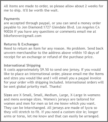 sizing for Jen DIamond 's bike jerseys